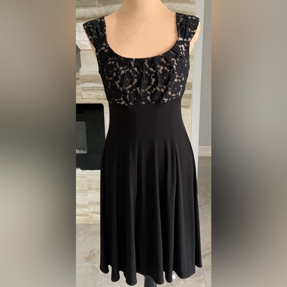 London Times Black Lace Bodice Midi Dress